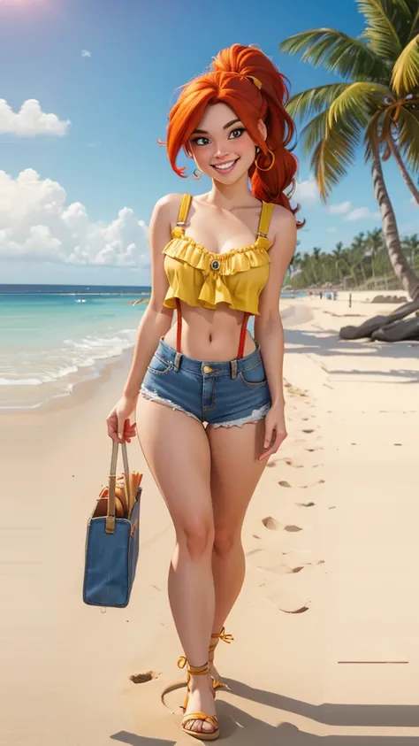 Caucasian, straight Pigtailed ginger hair, beautiful face, smile, yellow tube top, low rise jean shorts, red suspenders, beach