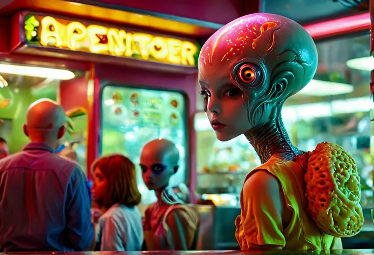 An alien fast food worker (human, age 18, female, shaved head, hypnotized,, minimal clothes, brain parasite), working the counter at an alien restaurant, alien family in line, show her from head to toe
