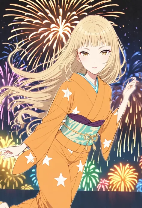 Anime Galaxy Express 999 character Maetel, long blonde hair, colorful and glamorous yukata, large fireworks, 2.5D, delicate and dynamic, Ichiro Tsuruta, Maetel