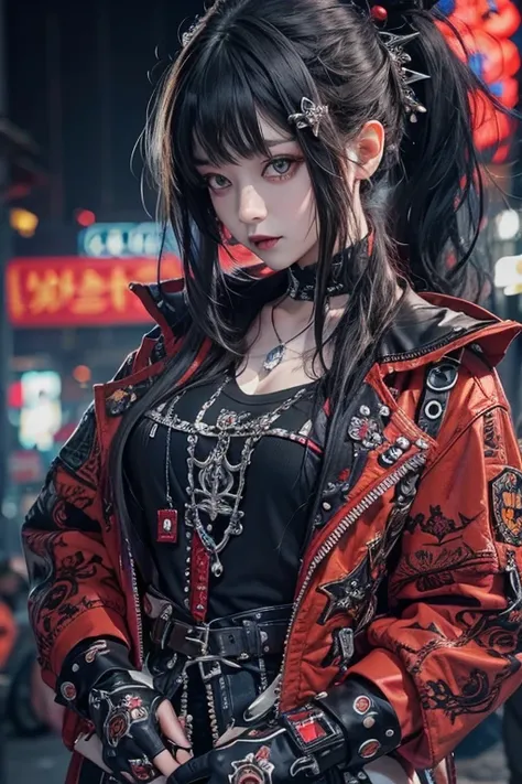 Highest quality、、masterpiece：1.3、Gothic Punk、red inside、Gray Black Hair、hair ornaments、beautiful girl、creative、Punk Shirt、Neogoth、Goth Fashion：1.2、High resolution、masterpiece、Highest quality、頭w:1.3、((Hasselblad Photos))、Fine skin、Sharp focus、(Cinema Lighti...