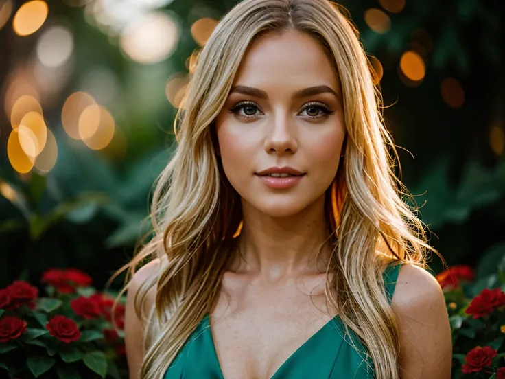 A beautiful, taylor swiftelegant young woman with long blonde hair, piercing blue eyes, and a warm, radiant expression, wearing a stunning red dress, standing in a lush, verdant garden at golden hour, (best quality,4k,8k,highres,masterpiece:1.2),ultra-deta...