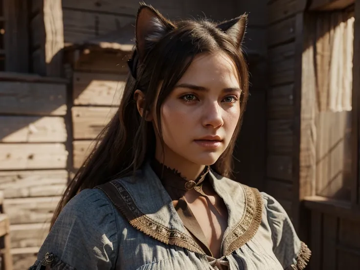 Hyper Realistic 1girl in Old West Clothing, Fantasy Art, Photorealistic, Dynamic Lighting, Artstation, Highly Detailed Face, 4K, Award Winning, cat ear, with sword