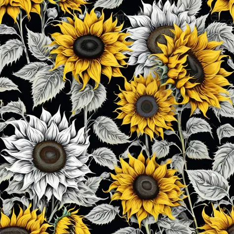 Seamless pattern with sunflowers on a black background royalty illustration, sunflower background, sunflowers in the background, Seamless pattern design, sunflowers, Dark floral wallpaper, sunflower花, color: yellow sunflowers, color : yellow sunflowers, Re...