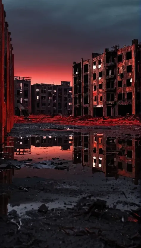 A devastated world. Discarded buildings. A once prosperous city. Dusk. The sky is red and the buildings are black. When metal rusts. The world reflected in the ground. The ground occupies a quarter of the screen.