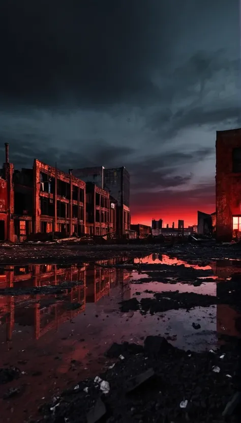 A devastated world. Discarded buildings. A once prosperous city. Dusk. The sky is red and the buildings are black. When metal rusts. The world reflected in the ground. The ground occupies a quarter of the screen.