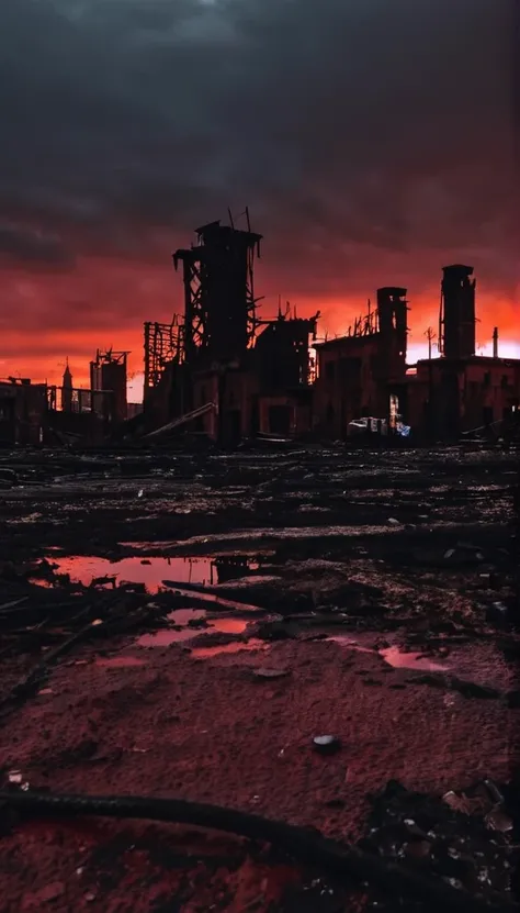 A devastated world. Discarded buildings. A once prosperous city. Dusk. The sky is red and the buildings are black. When metal rusts. The world reflected in the ground. The ground occupies a quarter of the screen.