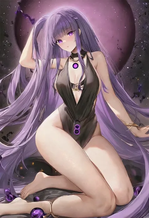 Athena，Extra long purple hair，Purple Eyes，Appearance is that of an adult female，Black one-piece dress，There are small purple and gold decorations，The long jumpsuit is very sexy，barefoot，A black hole in the background universe，Purple black hole