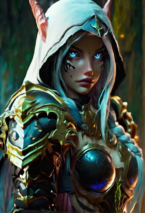 cinewow 1girl,sylvanas windrunner,,blonde,black sclera,glowing eyes,long hair,shoulder armor,full body,hood,solo,masterpiece,epi...