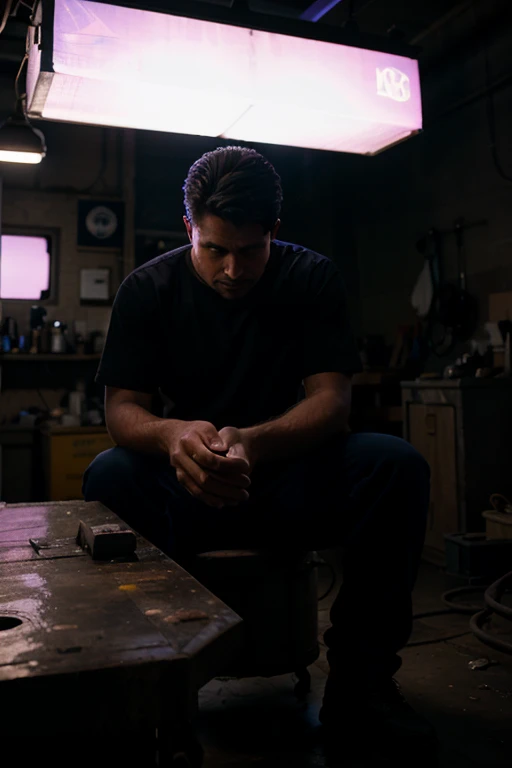 a mechanic looking at something with an ultraviolet light 