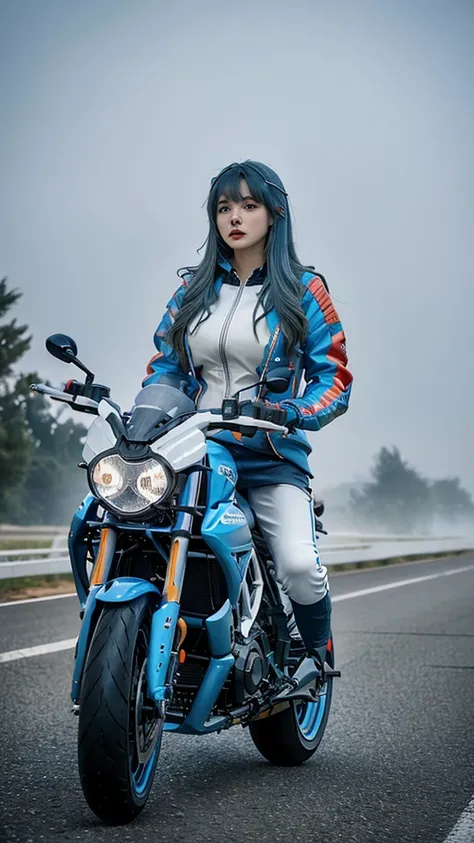 
realism,
1girl,solo,
ssugar008_jp_girl,(blue hair:1.4),long hair,asymmetric bangs,pointy hair,huge breasts,narrow_waist,slender,white skin,sweat,
techwear,gloves,long_sleeves,multicolored jacket,black pants,hood,bag,backpack,helmet,zipper,cyberpunk,
Ducat...