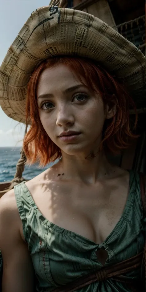 Emily Rudd, Nami, One Piece, in the pirate boat, around the sea, expressive eyes, close camera, redhead hair,  sunny day, medieval clothes, pirate cloves, on the bow of the boat, windy weather 