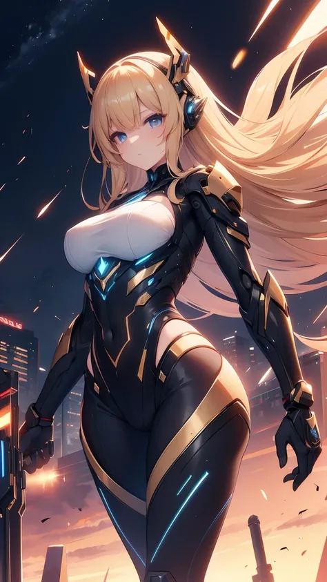 ((masterpiece)), (textured skin), ((high details)), best quality, award winning, 8k, beautiful woman, Mecha girl (black and gold machine parts), (mechanical body:1.2), Armament made up of complex parts, android woman, gradient hair, blonde hair, Night sky,...