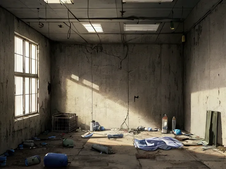 Abandoned Building、basement、Confinement Room、Torture chamber、Training Room、prison、Late Night、(((No windows)))There is a dirty bed in the center of the room.、((No windows部屋))、Dim lighting、Several empty cans and bottles are lying on the floor.、Concrete Room,...