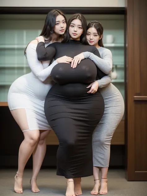 (Masterpiece,High Quality:1.3),(depth of field:1.3) ,((front body:1.35)),  ((group of young woman:1.2)), ((posing together)), ((hug each other)) , young woman, long chignon dress, Tight T-shirt Long Sleeve Maxi Dress, curvy body, thin waist, wide hips,(loo...