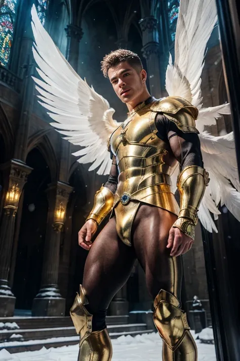 ultra high res, best quality, photo, 4k, (photorealistic:1.4), cinematic lighting, a male angel with large translucent wings,muscular man, abdominal muscle, wearing medieval gold armor, detailed feathers, cyberpunk environment, snow and  environment in the...