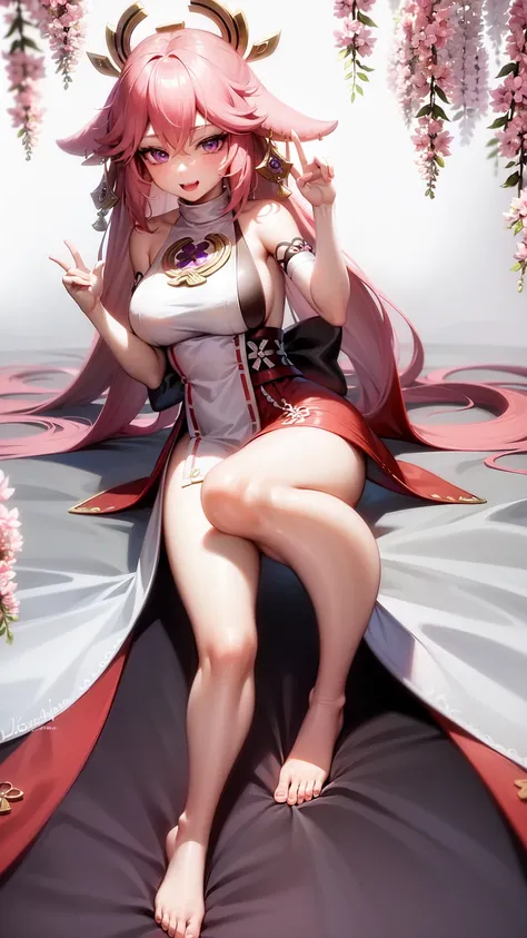 Yae Miko,purple eyes,Wedding Dress,long skirt,seductive face,legs open