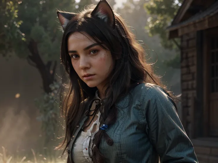 Hyper Realistic 1girl in Old West Clothing, anime face, young girl, fog and shine, Fantasy Art, Photorealistic, Dynamic Lighting, Artstation, Highly Detailed Face, 4K, Award Winning, cat ear, full body with sword, bloody appearance