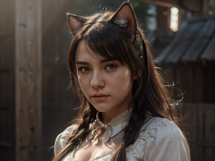 Hyper Realistic 1girl in Old West Clothing, anime face, young girl, fog and shine, Fantasy Art, Photorealistic, Dynamic Lighting, Artstation, Highly Detailed Face, 4K, Award Winning, cat ear, full body with sword, bloody appearance