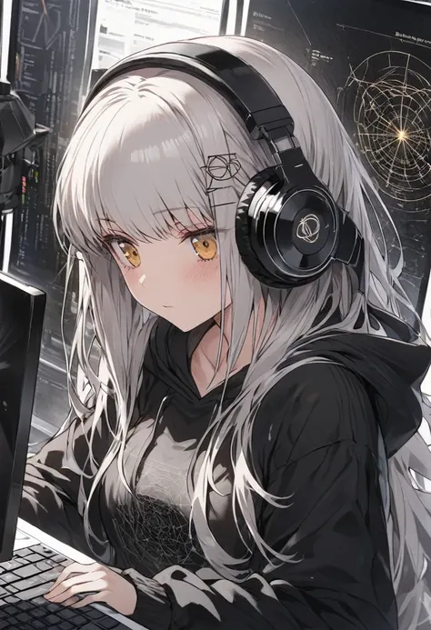 woman using computer with big screen、silver hair、semi-long hair、wearing cool headphones,{{{{{{{{ oversized black hoodie }}}}}}}}...