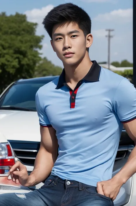 ((realistic daylight)) , Young Korean man in a black polo shirt and jeans, A handsome, muscular young Asian man looks at the camera. In a simple t-shirt blue and red , roadside traffic ,((look sideways))