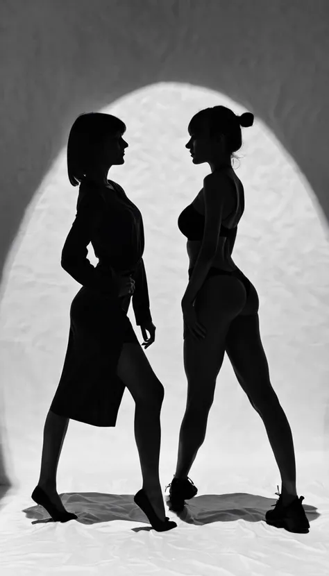 silhouette of a woman and a man going in opposite directions with their backs arched