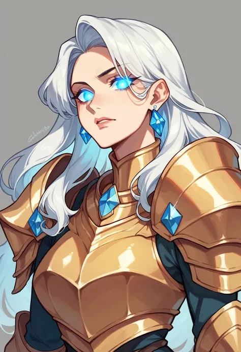 female, mature, blue eyes, glowing eyes, golden armor, diamond earings, long hair, white hair