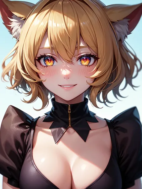 hair over shoulder, wavy hair, hair strand, shiny hair, blonde hair, eye reflection, glowing eyes, slit pupils, amber eyes, cat ears, smile, blush, glint, happy, anime, anime style, En plein air, high detail, cinematic lighting, ray tracing, reflection lig...