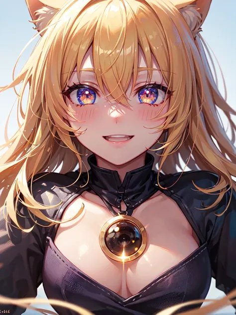 hair over shoulder, wavy hair, hair strand, shiny hair, blonde hair, eye reflection, glowing eyes, slit pupils, amber eyes, cat ears, smile, blush, glint, happy, anime, anime style, En plein air, high detail, cinematic lighting, ray tracing, reflection lig...