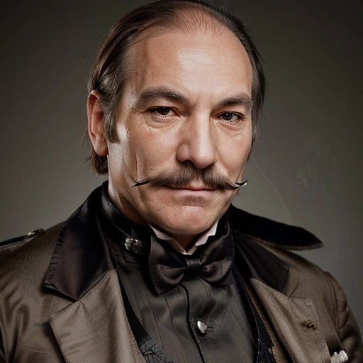 a photorealistic picture of an older man with thinning hair and a large nose, wide cheeks wearing a steampunk butler outfit and ...