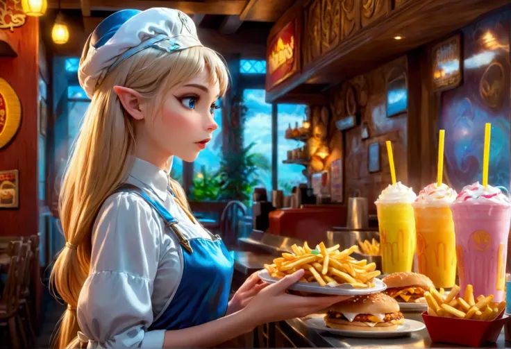 A beautiful elven princess working as a fast food server at Merlins, wearing an apron and cap, serving magic milkshakes and baskets of fries, high fantasy, extremely detailed, intricate details, photorealistic, 8k, dramatic lighting, vivid colors, cinemati...