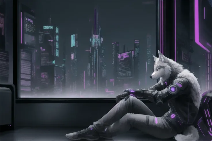 anthropomorphic male gray wolf,  sitting on a window, cyberpunk background