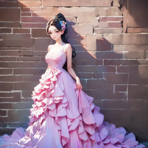 araffe woman in a floral dress standing in front of a brick wall, romantic dress, beautiful dress, wearing organza gown, lady with glowing flowers dress, wearing a long flowery dress, dressed beautiful gown, flower dress, magical dress, flowing dress, very...