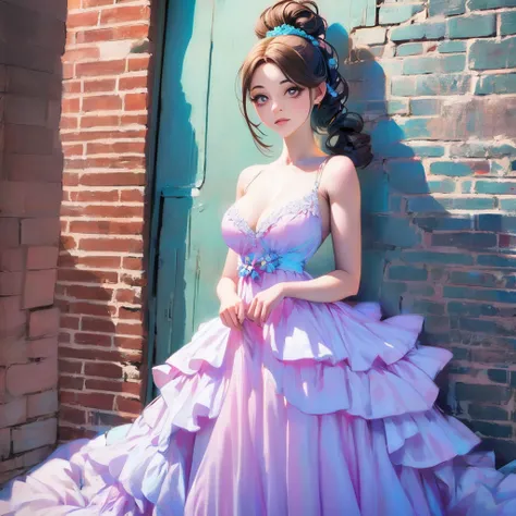 araffe woman in a floral dress standing in front of a brick wall, a pastel by Fyodor Rokotov, tumblr, rococo, romantic dress, beautiful dress, wearing organza gown, lady with glowing flowers dress, wearing a long flowery dress, dressed beautiful gown, magi...