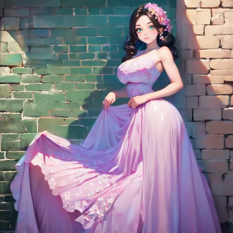 araffe woman in a floral dress standing in front of a brick wall, a pastel by Fyodor Rokotov, tumblr, rococo, romantic dress, beautiful dress, wearing organza gown, lady with glowing flowers dress, wearing a long flowery dress, dressed beautiful gown, magi...