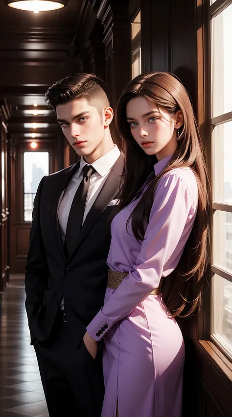 1 man,1woman, woman look Danielle, woman in long hair,brown hair,purple eyes, dress, man in muslculair, suit, trained, man are taller than woman, background city from windows