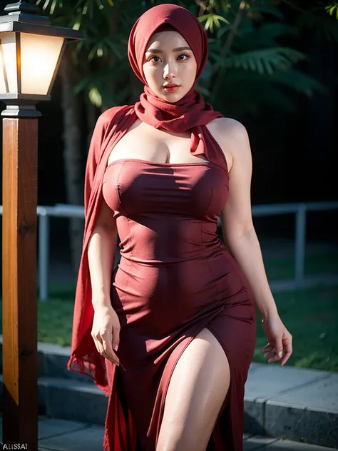 8K, high quality, nice lighting, soft lighting, realistic, dark eyes, sexy, big breasts, thighs, wide hips, muscular, malaysian baju kurung, Jewelry, sexy lady, asian, long scarf hijab, sexy pose, showing big thighs, nice big body, mature body, natural lar...