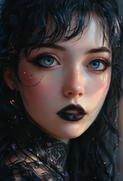 1 goth girl, hyperrealistic watercolor masterpiece, dark makeup, black lip stick, eyeliner, full fluffy black hair,

at night, twilight, evening, outside, particles visible, light from behind, hyper realistic detailed lighting, hyper realistic shadows, dus...