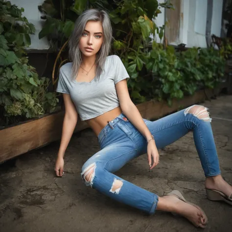 A REALISTIC, full-body image of female laurence bedard, Age 20 dressed in wet cropped T-shirt and ripped jeans. perfect-eyes, captivating-gaze, perfect-lips, perfect-anatomy, stunningly-beautiful, high-saturation, 35mm-raw-photo. She has blue eyes and a gr...