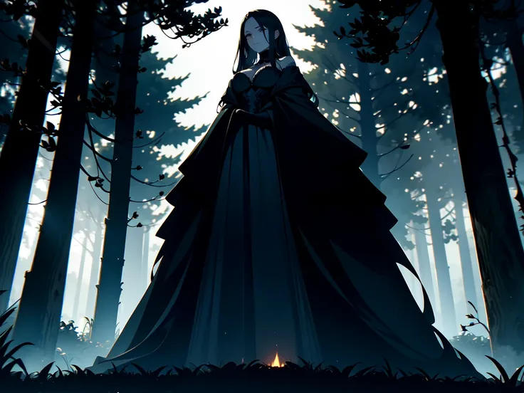 The theme is "horror", and a shocking and grotesque night of terror begins. nsfw, A dimly lit cemetery grove at dusk, with crows camouflaged as branches and leaves on the skeletal trees. In the shadows, a mysterious widow, draped in a black mourning attire...