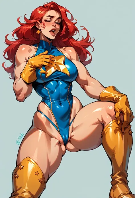 Masterpiece,sexy, superheroine, Red hair, wide, busty, ((Blue high leg leotard with T-back thong and a gold star badge on the chest.)), Golden Boots, golden gloves, curves, ((neckline trimming)), cheered up, back angle