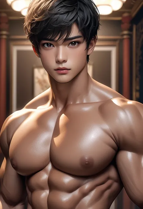 high quality, detailed, Realistic, (17 years old tanned japanese idol body builder boy), (detailed black eyes), (black short hair), (muscle:1.5), (tanned dark brown skin), night palace bedroom, (black tiny thong), (bulge), (detailed nipples), detailed areo...