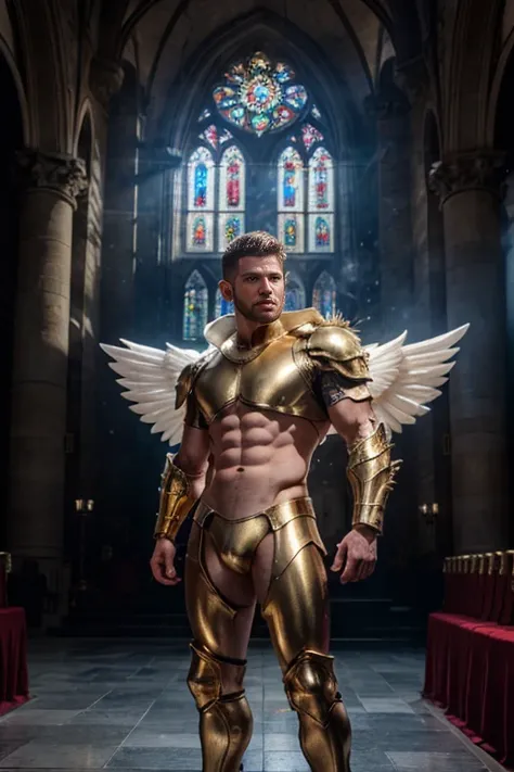 ultra high res, best quality, photo, 4k, (photorealistic:1.4), cinematic lighting, a male angel with large translucent wings,muscular man, abdominal muscle, wearing medieval gold armor, detailed feathers, cyberpunk environment, snow and  environment in the...