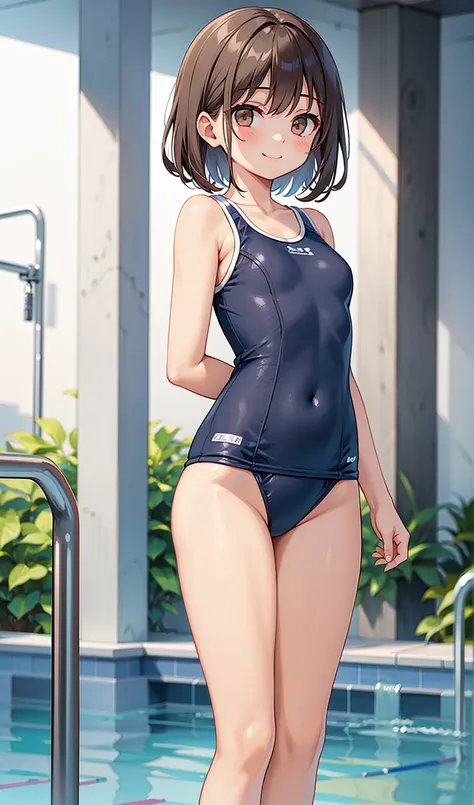 (One girl)、smile、first-class、Extremely delicate and beautiful、School Swimsuit、Standing posture、Poolside、Dark brown short hair、Dark brown eyes