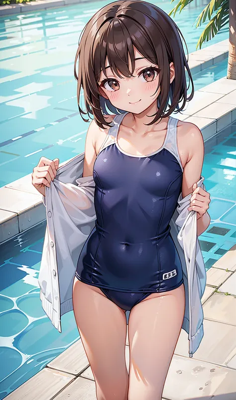 (One girl)、smile、first-class、Extremely delicate and beautiful、School Swimsuit、Standing posture、Poolside、Dark brown short hair、Dark brown eyes