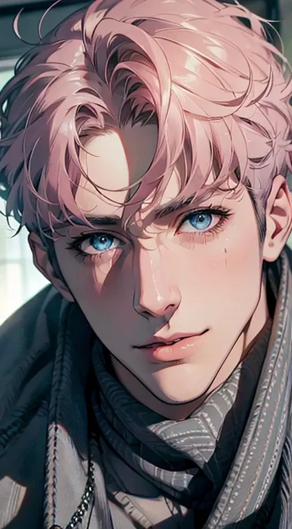 (Highest quality,4K,8K,High resolution,masterpiece:1.2),Super detailed,(Realistic,photoRealistic,photo-Realistic:1.37),1 person,31 years old,Mature Men,Beautiful skin、very handsome,Expressionless,smile,Short gray pink hair,blue eyes,Sharp Eyes,A perfect fa...