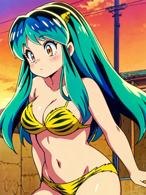 masterpiece, Highest quality, 1 Girl, Lum, bikini, Japan, High definition,  1980s anime style,  nose blush, mature, 18-year-old, looking away, looking down, come to stand at attention, view from front, green hair, light smile