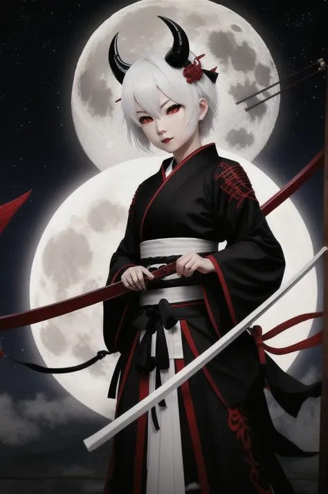 Shamisen, demon eyes, demon horns, short white hair, black ninja outfit, torii gate, expressionless, full moon, fangs