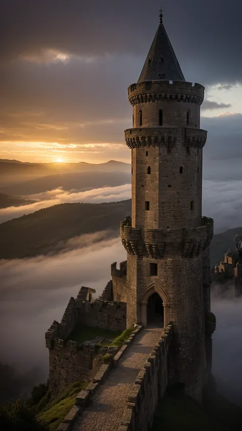 a massive fortress on a high cliff, intricate stone architecture, crenelated towers, drawbridge over a deep moat, medieval castle, impressive scale and grandeur, ancient and weathered stone, dramatic lighting, cinematic angle, epic landscape, glowing windo...