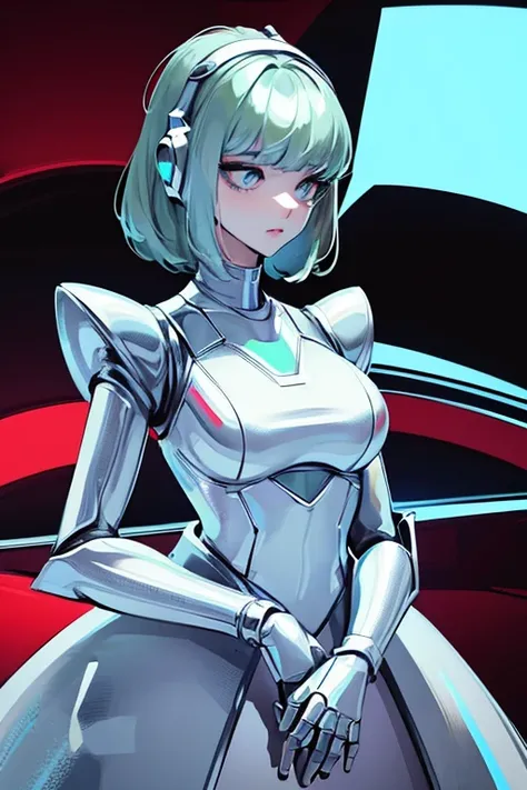 empty eyes,robotized woman ,big bust,Robot Joint ,Metal skin,dress,android,Robot Suit