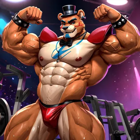 Glamrock overly muscular adult Freddy wears a tiny red thong and shoulder pads of the same color sweaty in the GYM flexing his muscles with a sexy and flirtatious self-confident look